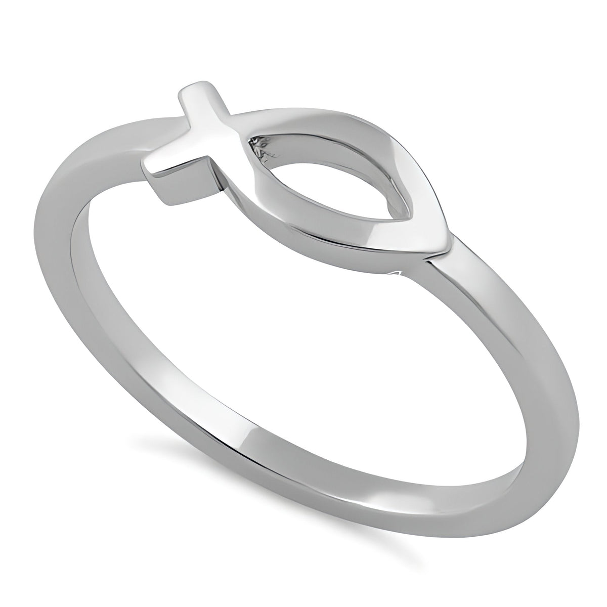 Sterling Silver Ichthys Christian Fish with Cross Tail Thin Band Ring for Women