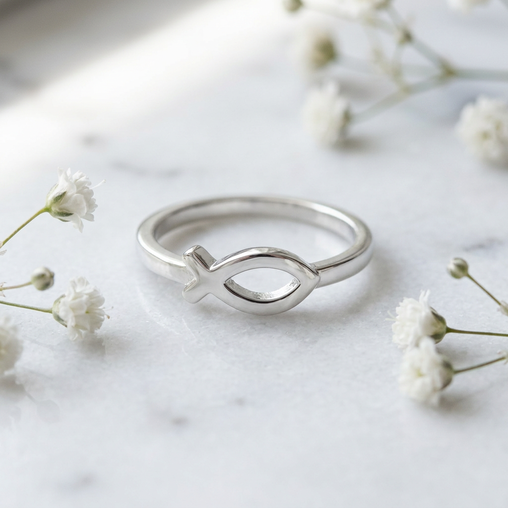 Sterling Silver Ichthys Christian Fish with Cross Tail Thin Band Ring for Women life1
