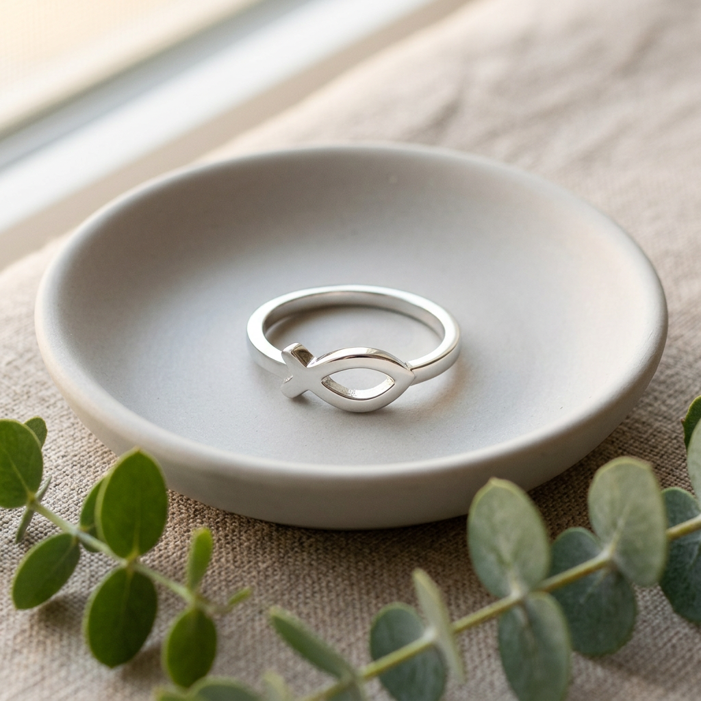 Sterling Silver Ichthys Christian Fish with Cross Tail Thin Band Ring for Women life2