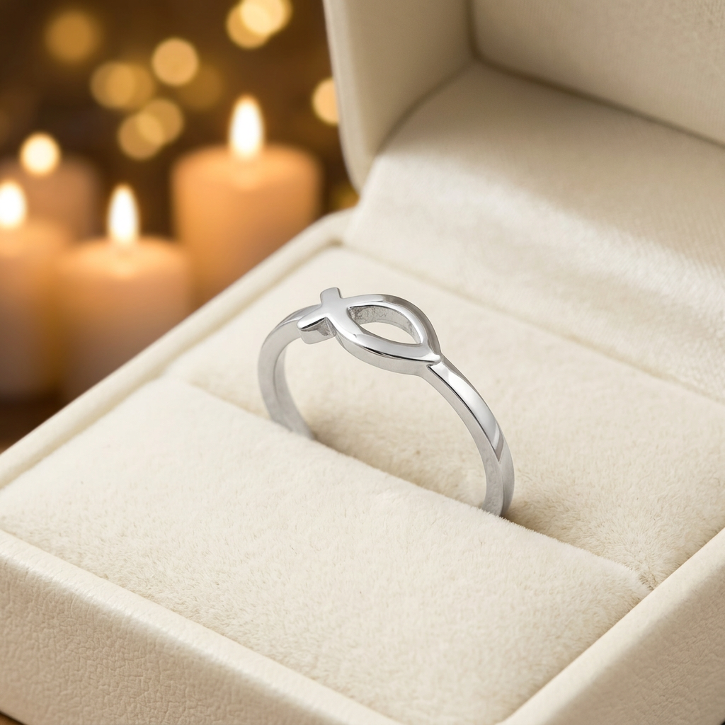 Sterling Silver Ichthys Christian Fish with Cross Tail Thin Band Ring for Women life3