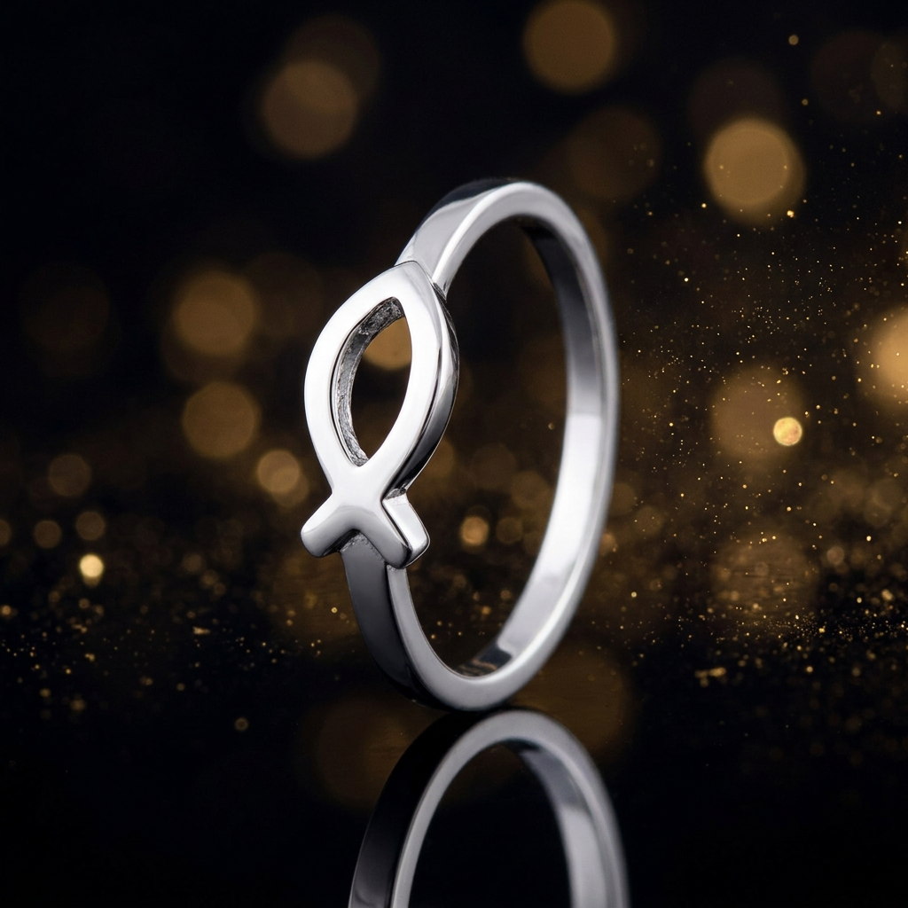 Sterling Silver Ichthys Christian Fish with Cross Tail Thin Band Ring for Women life4