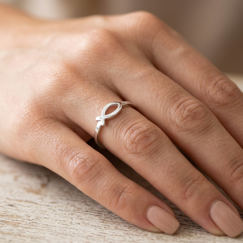 Sterling Silver Ichthys Christian Fish with Cross Tail Thin Band Ring for Women model