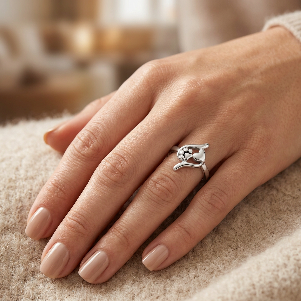Sterling Silver 2.3mm Paw Print and Heart Promise Ring for Women model