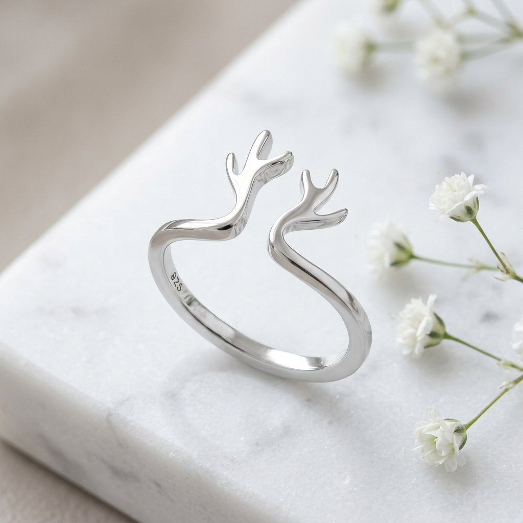 Sterling Silver 2mm Branching Deer Antler Open Cuff Ring for Women life1