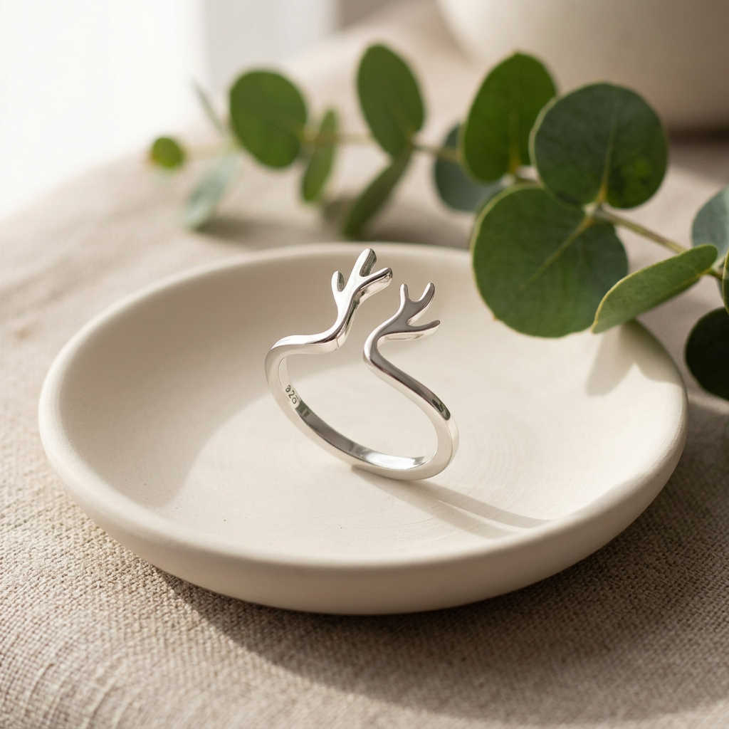 Sterling Silver 2mm Branching Deer Antler Open Cuff Ring for Women life2