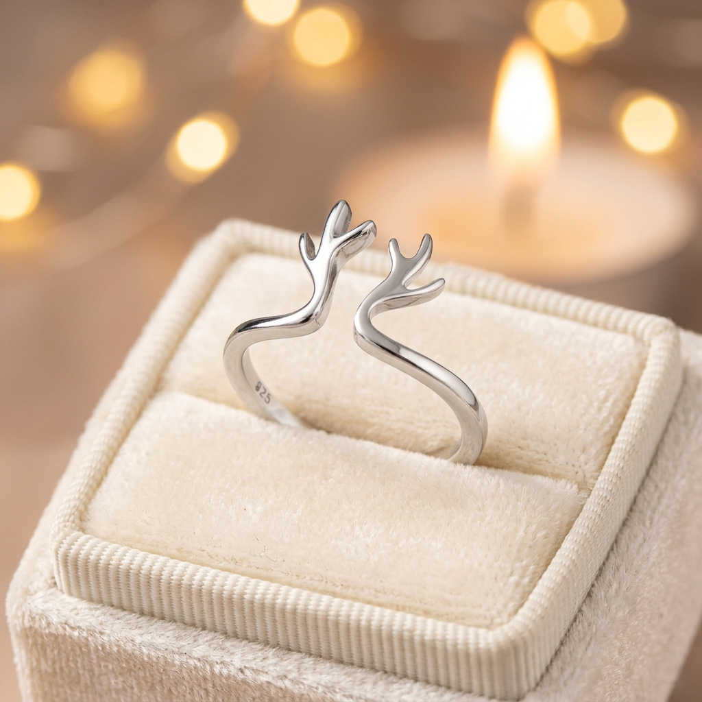 Sterling Silver 2mm Branching Deer Antler Open Cuff Ring for Women life3