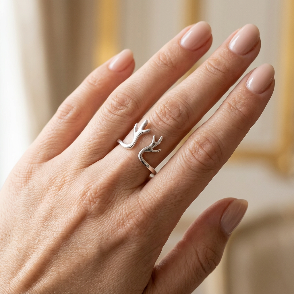 Sterling Silver 2mm Branching Deer Antler Open Cuff Ring for Women model