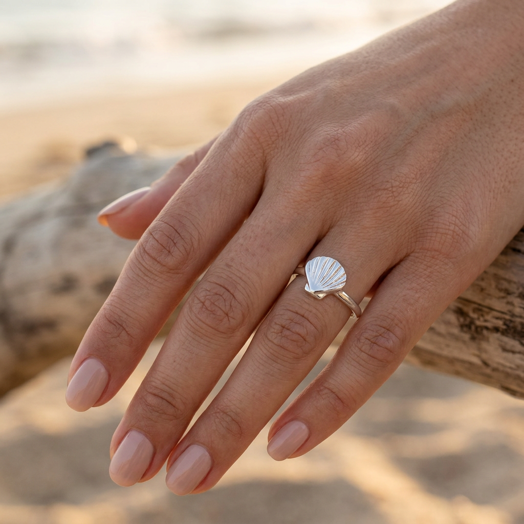 Sterling Silver Scallop Seashell Beach Stacking Ring for Women model