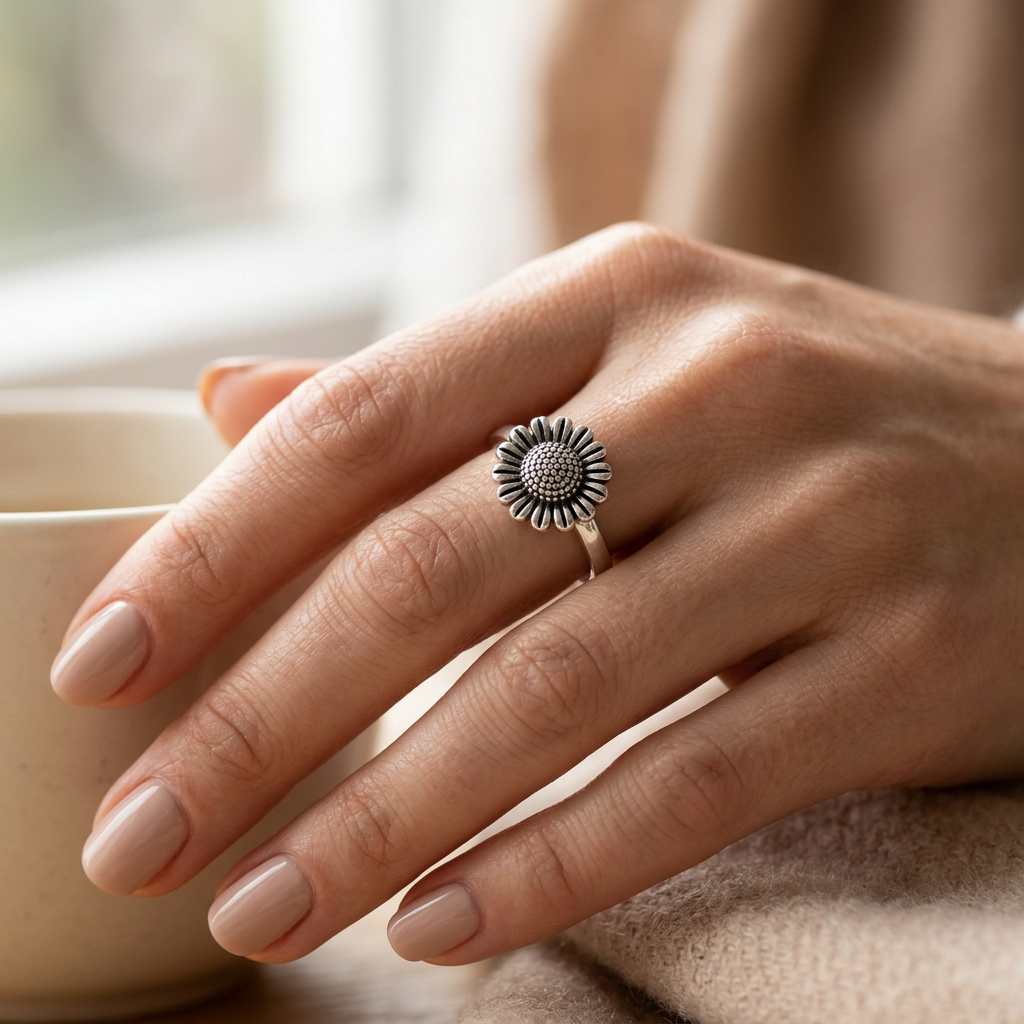Sterling Silver Sunflower Stacking Ring for Women model