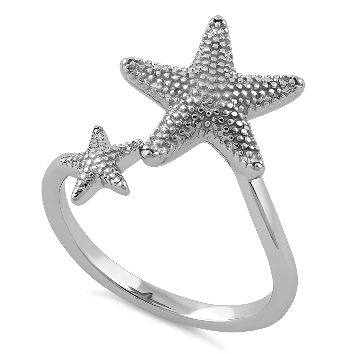 Sterling Silver 2mm Textured Double Starfish Open Bypass Ring for Women