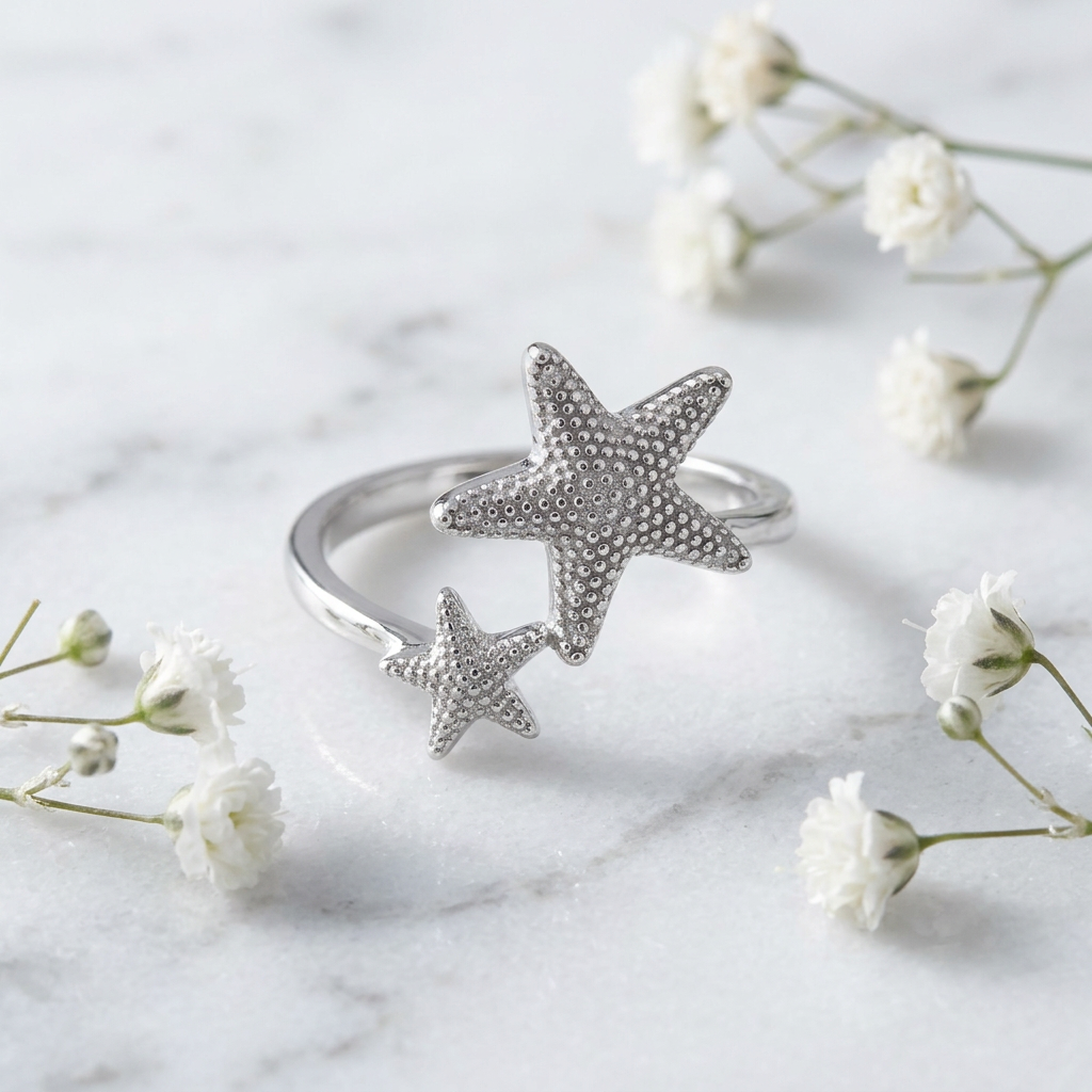 Sterling Silver 2mm Textured Double Starfish Open Bypass Ring for Women life1