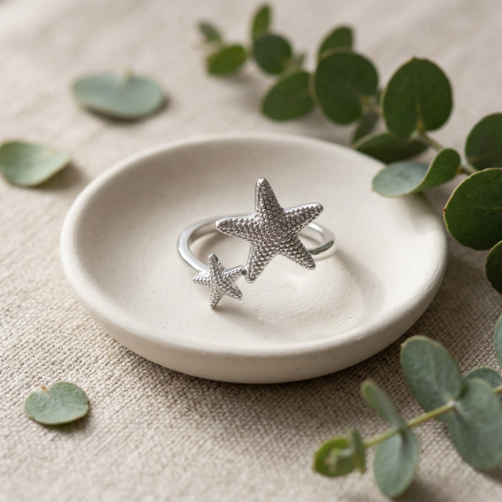 Sterling Silver 2mm Textured Double Starfish Open Bypass Ring for Women life2