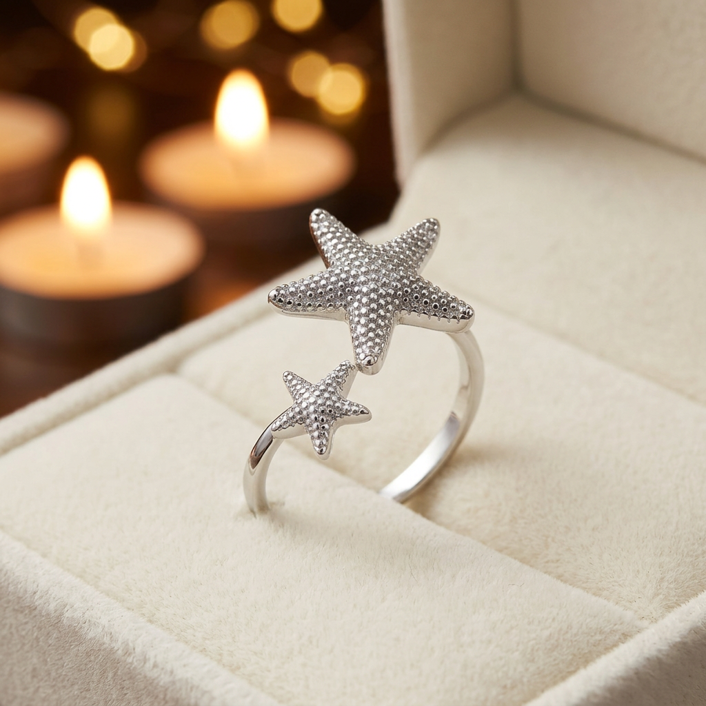 Sterling Silver 2mm Textured Double Starfish Open Bypass Ring for Women life3