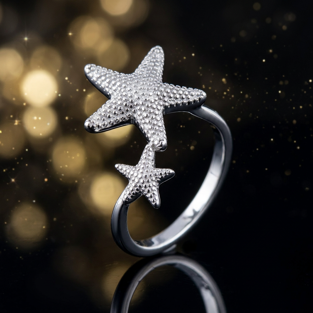 Sterling Silver 2mm Textured Double Starfish Open Bypass Ring for Women life4