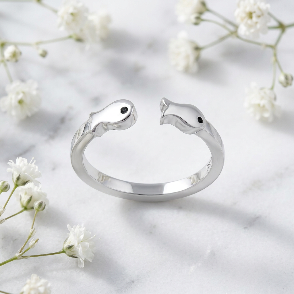 Sterling Silver 2.1mm Two Fish Nose to Nose Open Cuff Ring for Women life1