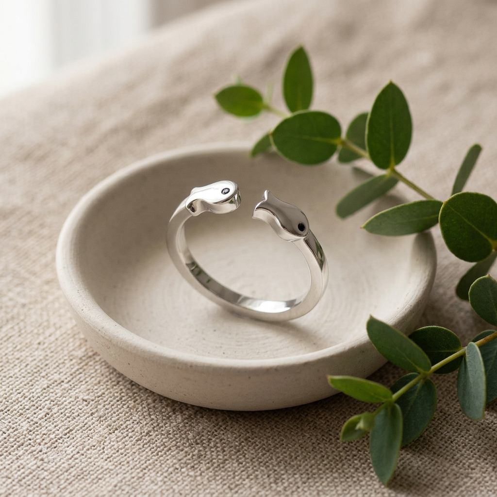 Sterling Silver 2.1mm Two Fish Nose to Nose Open Cuff Ring for Women life2