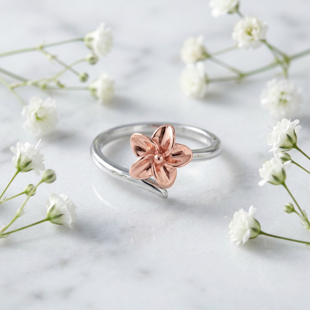Rose Gold Plated Sterling Silver Two Tone Plumeria Flower Ring for Women life1