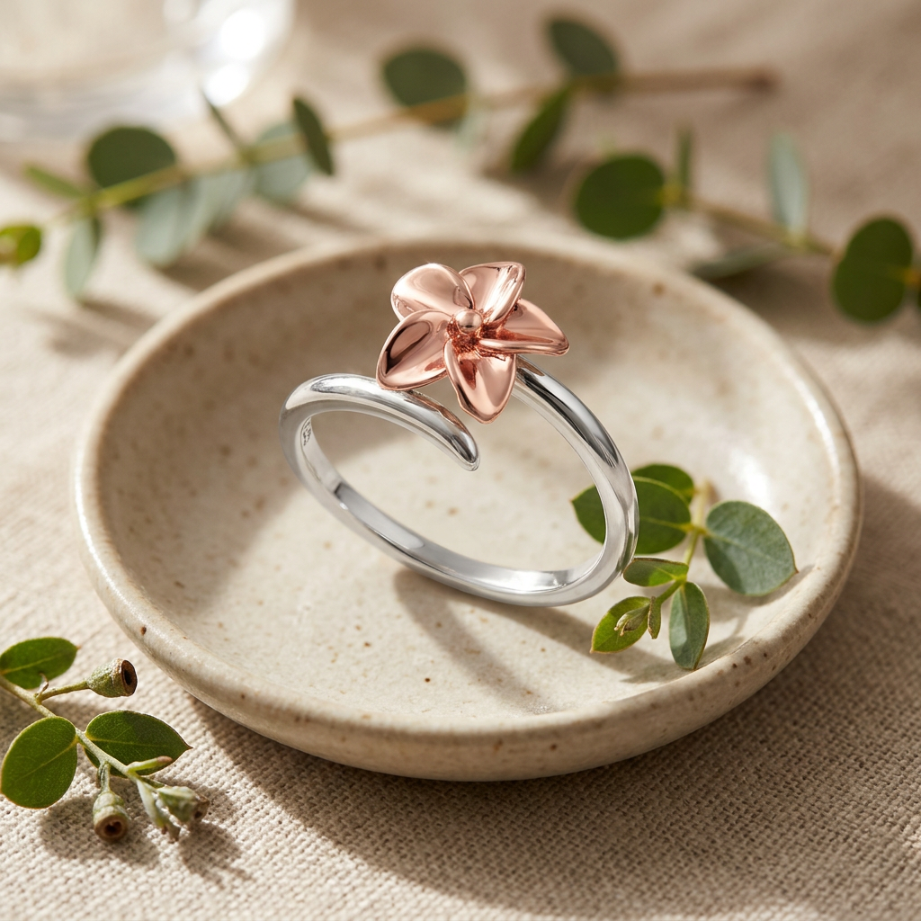 Rose Gold Plated Sterling Silver Two Tone Plumeria Flower Ring for Women life2
