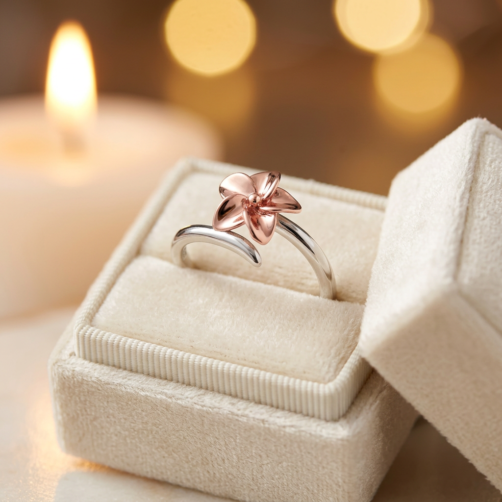 Rose Gold Plated Sterling Silver Two Tone Plumeria Flower Ring for Women life3