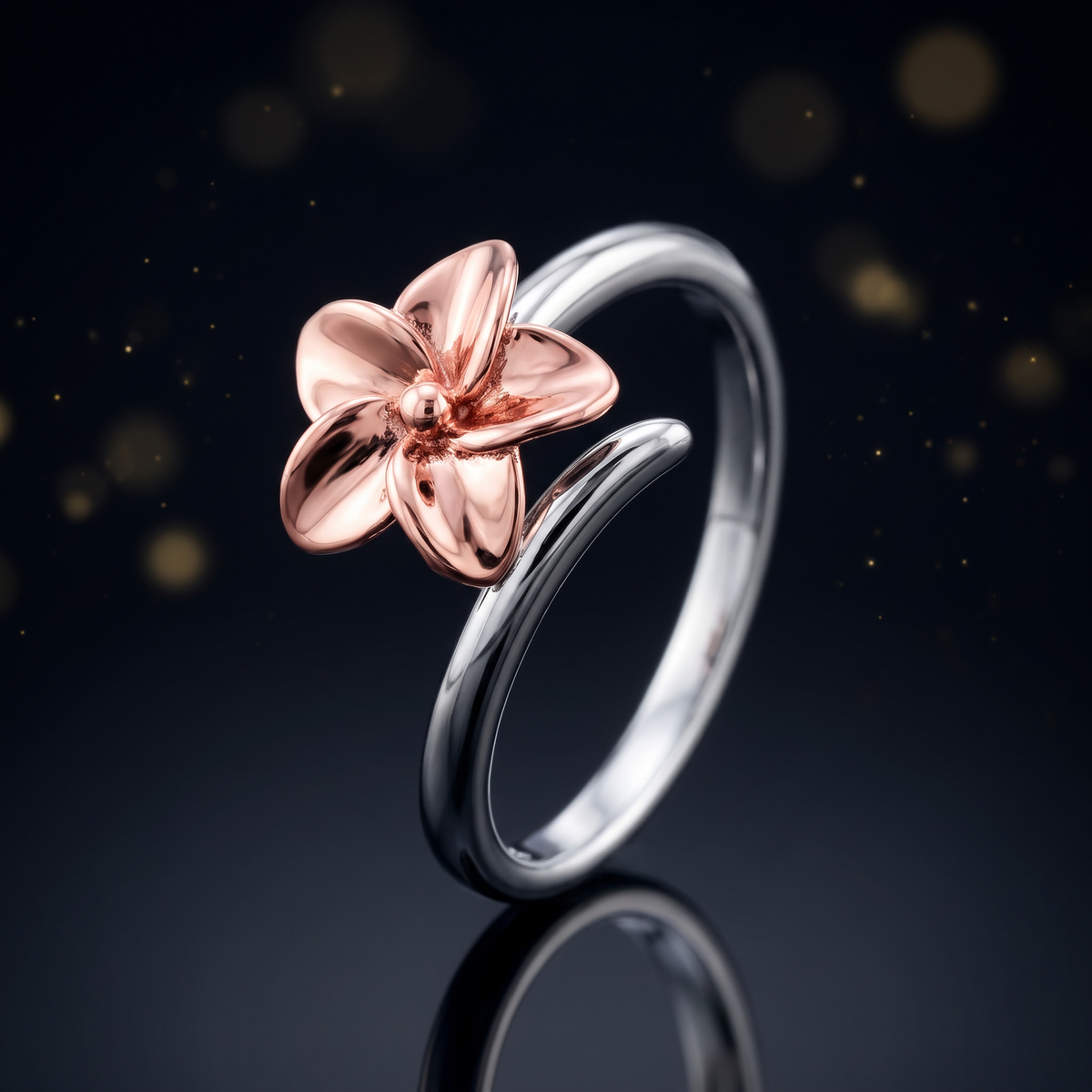 Rose Gold Plated Sterling Silver Two Tone Plumeria Flower Ring for Women life4