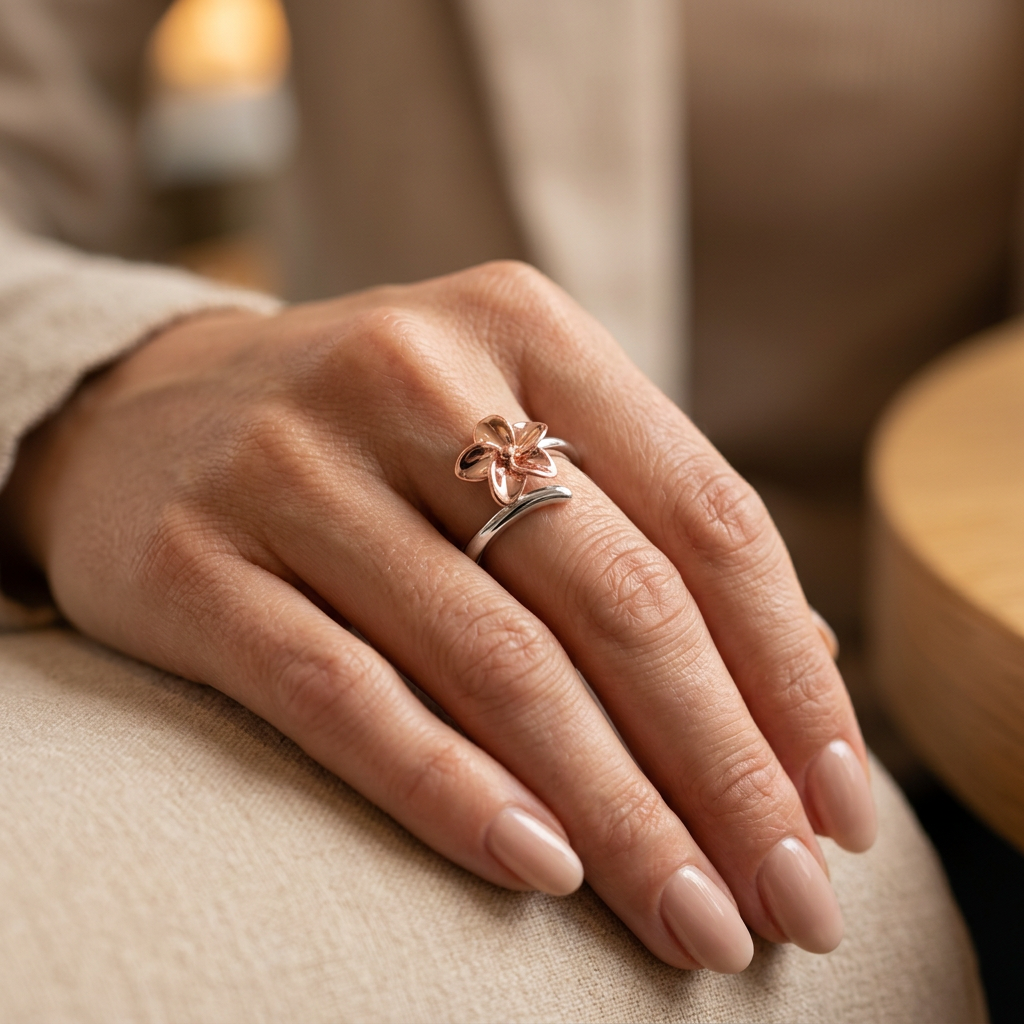 Rose Gold Plated Sterling Silver Two Tone Plumeria Flower Ring for Women model