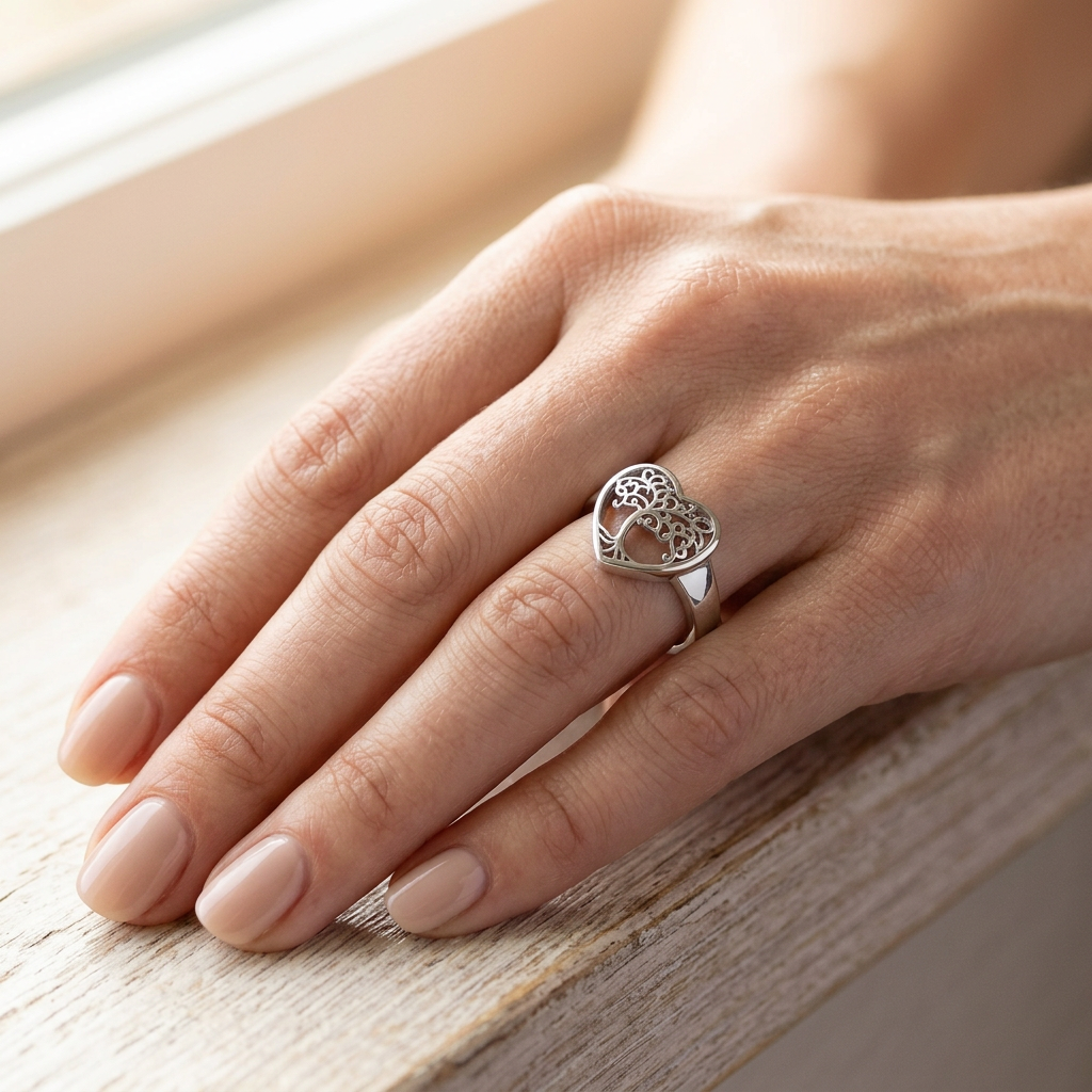 Sterling Silver 3.9mm Open Heart Tree of Life Filigree Ring for Women model