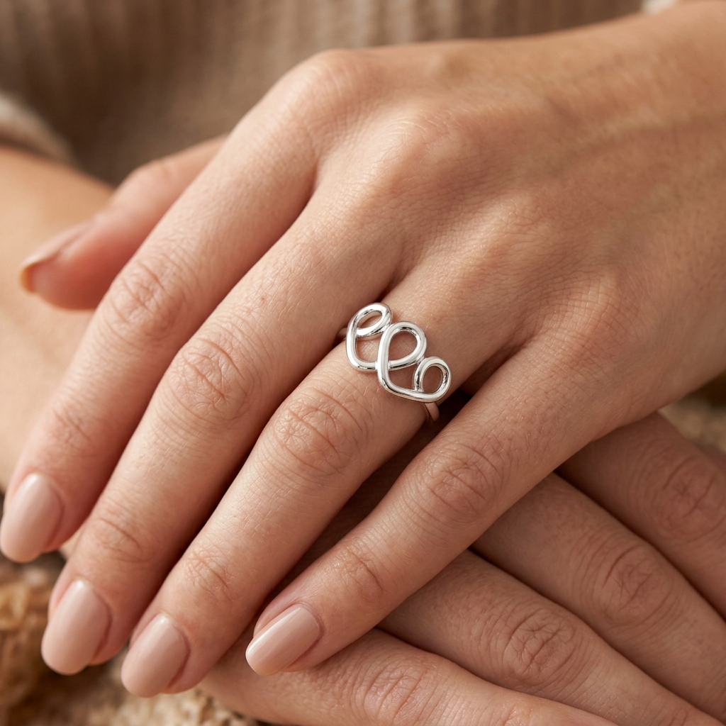 Sterling Silver 1.7mm Three Looped Curly Hearts Promise Ring for Women model