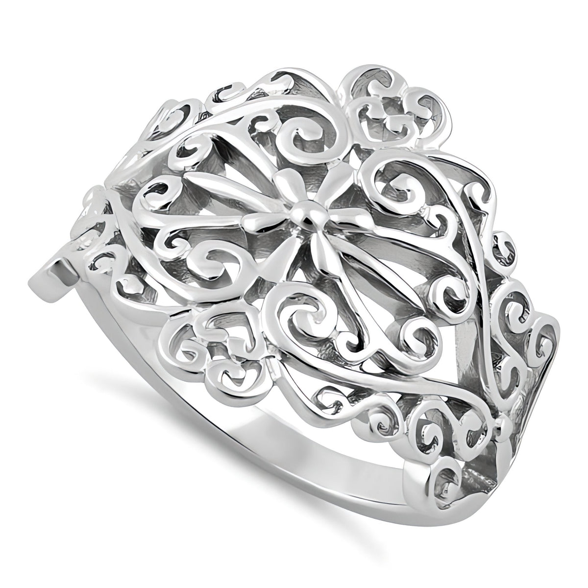 Sterling Silver Filigree Flower and Heart Scroll Wide Statement Ring for Women