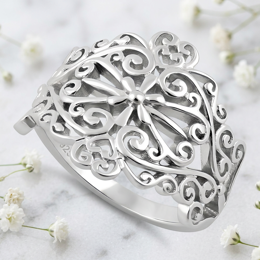 Sterling Silver Filigree Flower and Heart Scroll Wide Statement Ring for Women life1