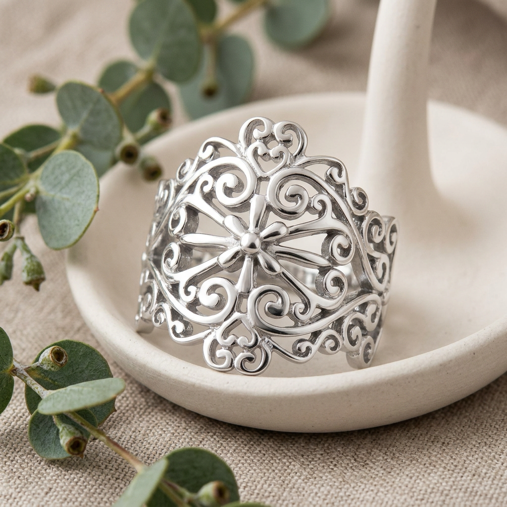 Sterling Silver Filigree Flower and Heart Scroll Wide Statement Ring for Women life2