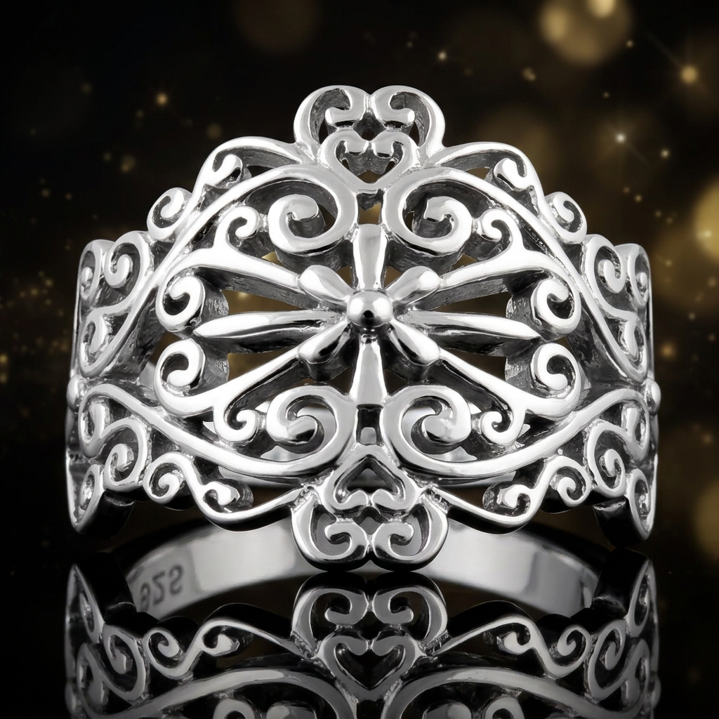 Sterling Silver Filigree Flower and Heart Scroll Wide Statement Ring for Women life4