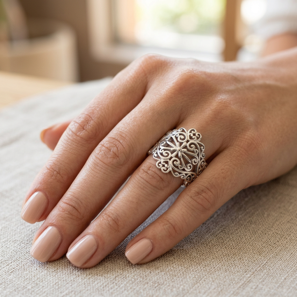 Sterling Silver Filigree Flower and Heart Scroll Wide Statement Ring for Women model