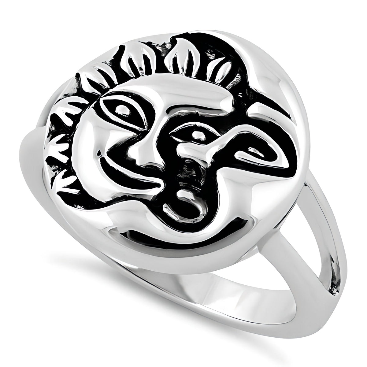 Sterling Silver Oxidized Celestial Sun and Moon Face Round Ring for Women