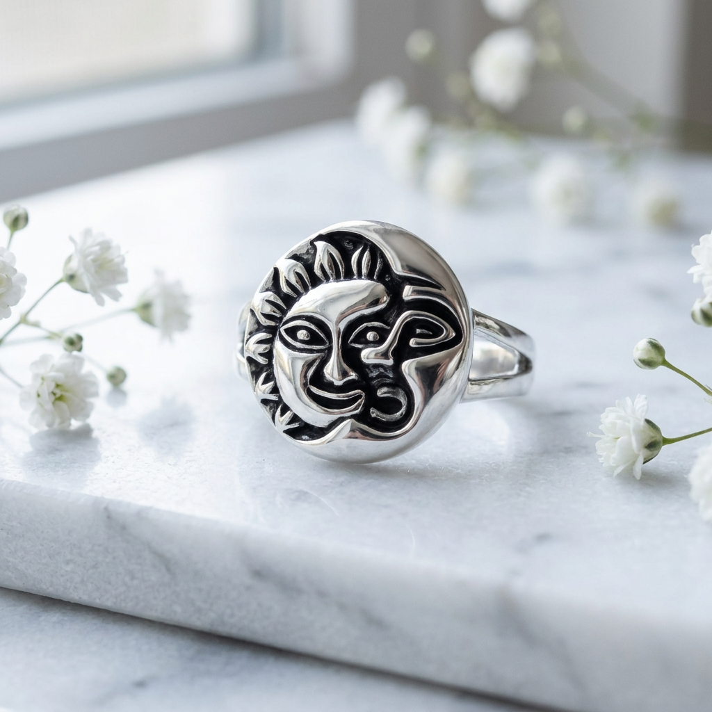 Sterling Silver Oxidized Celestial Sun and Moon Face Round Ring for Women life1