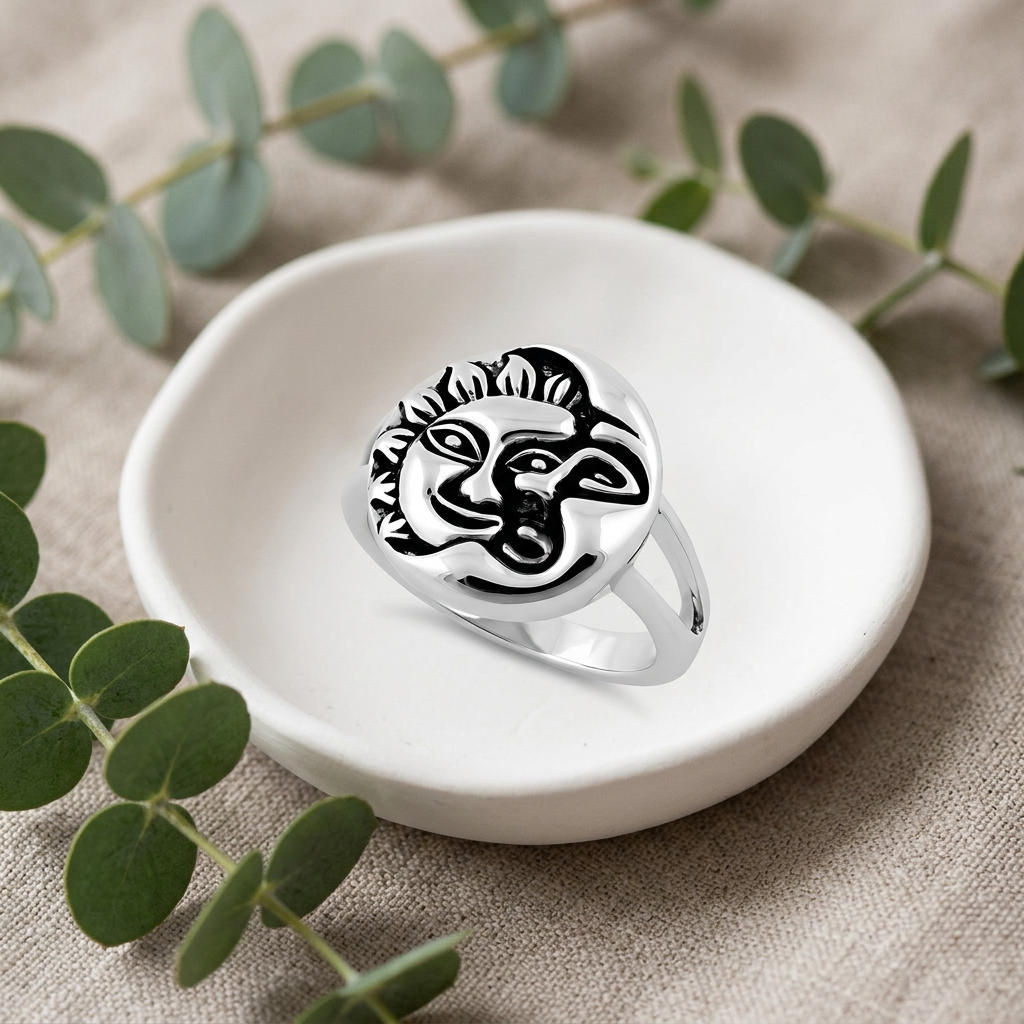 Sterling Silver Oxidized Celestial Sun and Moon Face Round Ring for Women life2