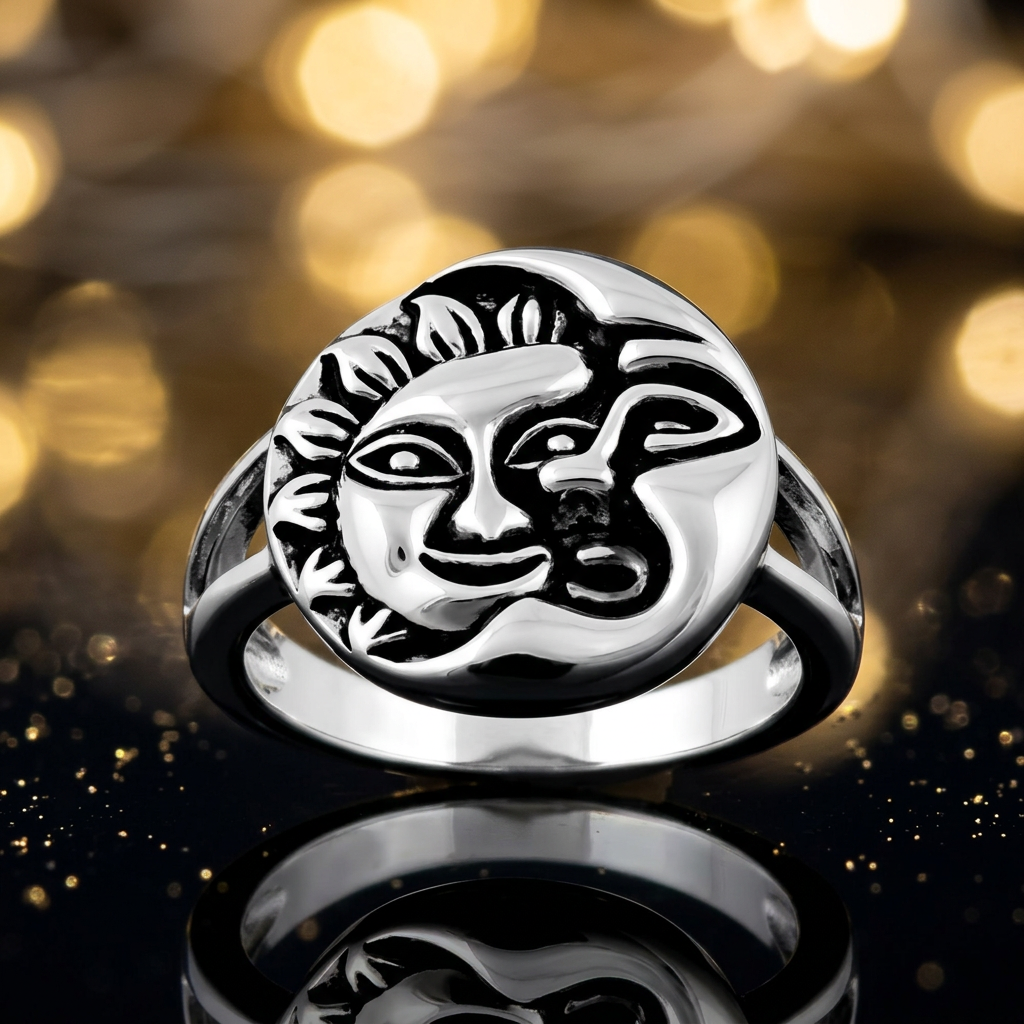 Sterling Silver Oxidized Celestial Sun and Moon Face Round Ring for Women life4