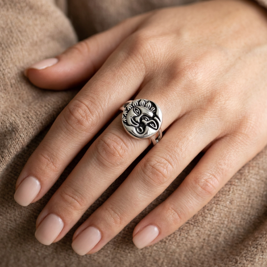 Sterling Silver Oxidized Celestial Sun and Moon Face Round Ring for Women model