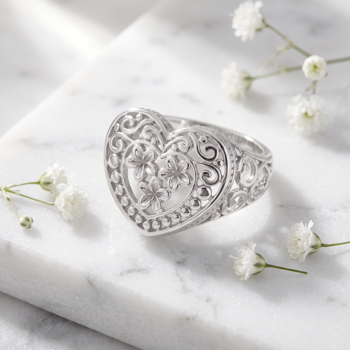 Sterling Silver Plumeria Heart Filigree Statement Ring for Women life1
