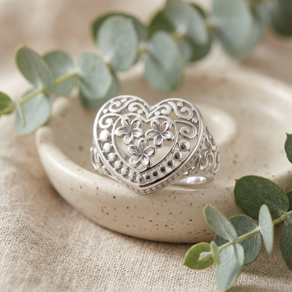 Sterling Silver Plumeria Heart Filigree Statement Ring for Women life2