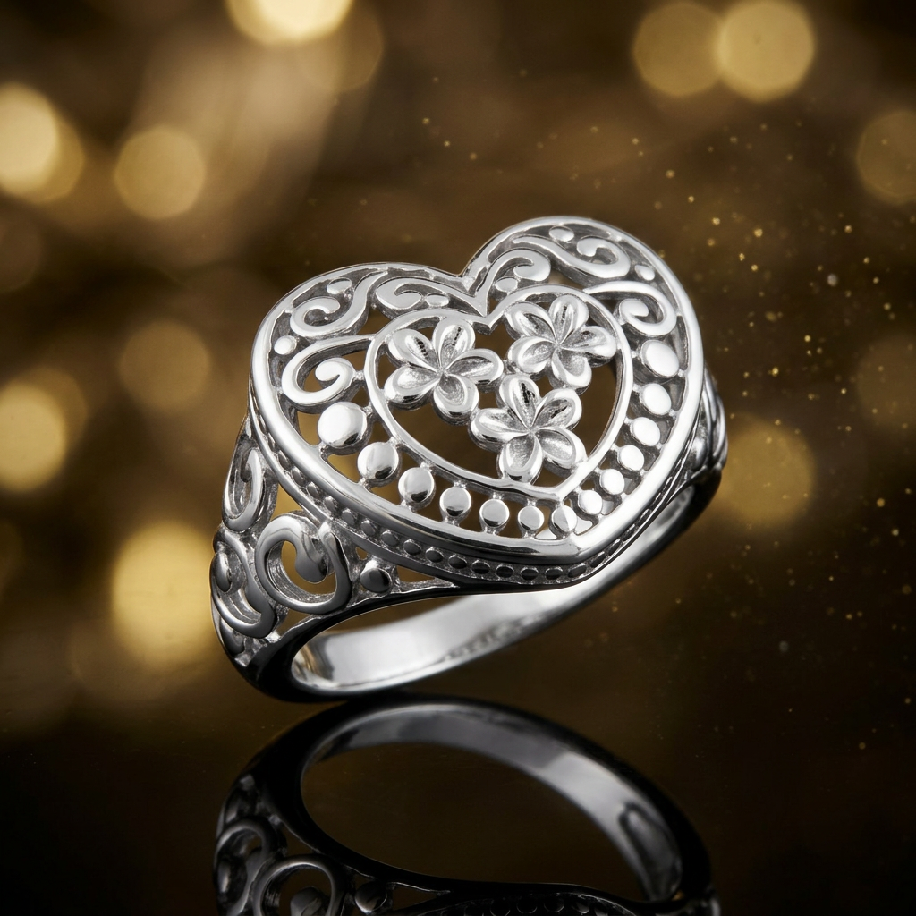 Sterling Silver Plumeria Heart Filigree Statement Ring for Women life4