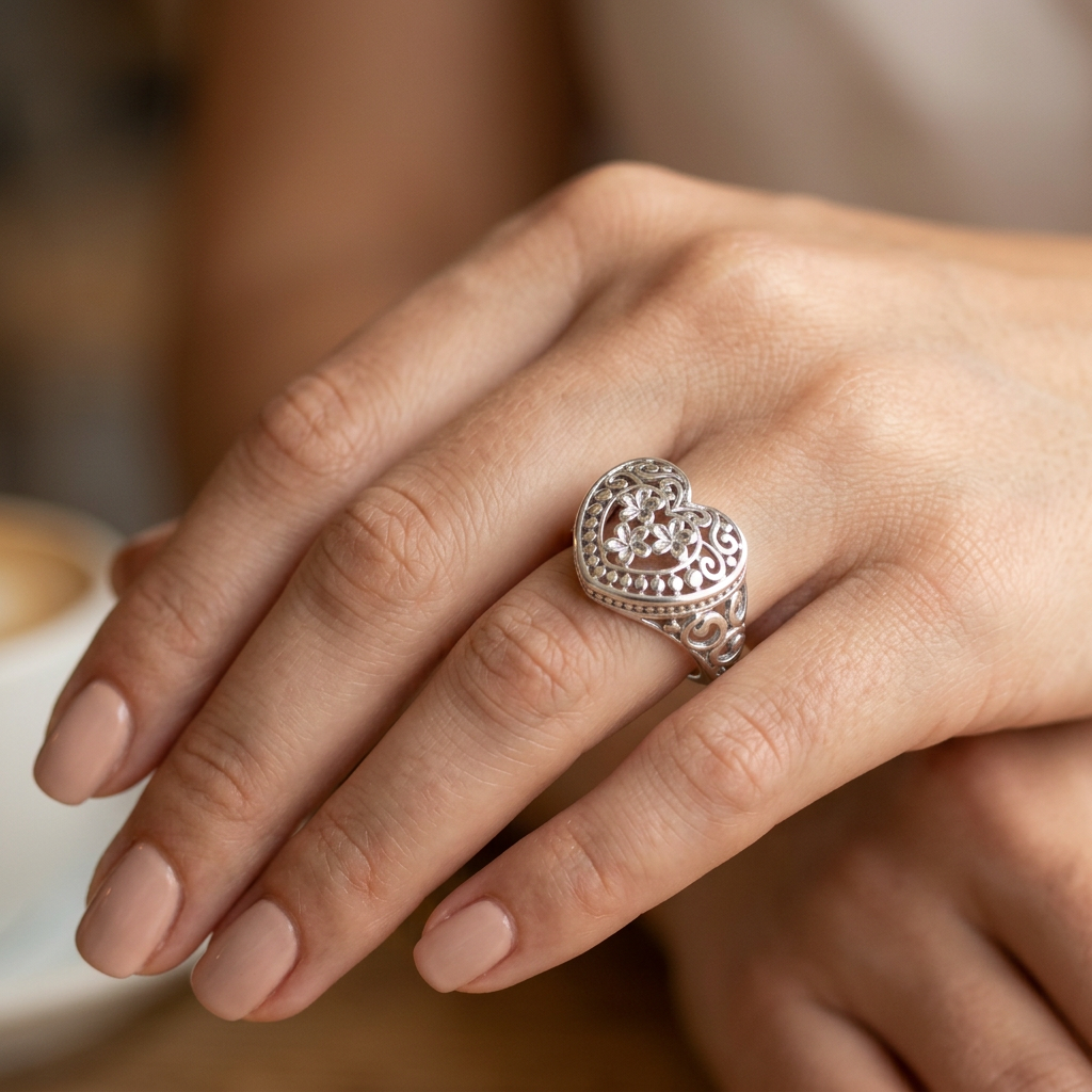 Sterling Silver Plumeria Heart Filigree Statement Ring for Women model