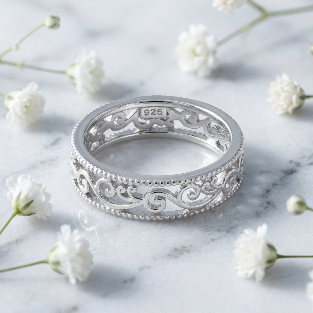 Sterling Silver 5mm Openwork Scroll Vine Milgrain Edge Band Ring for Women life1