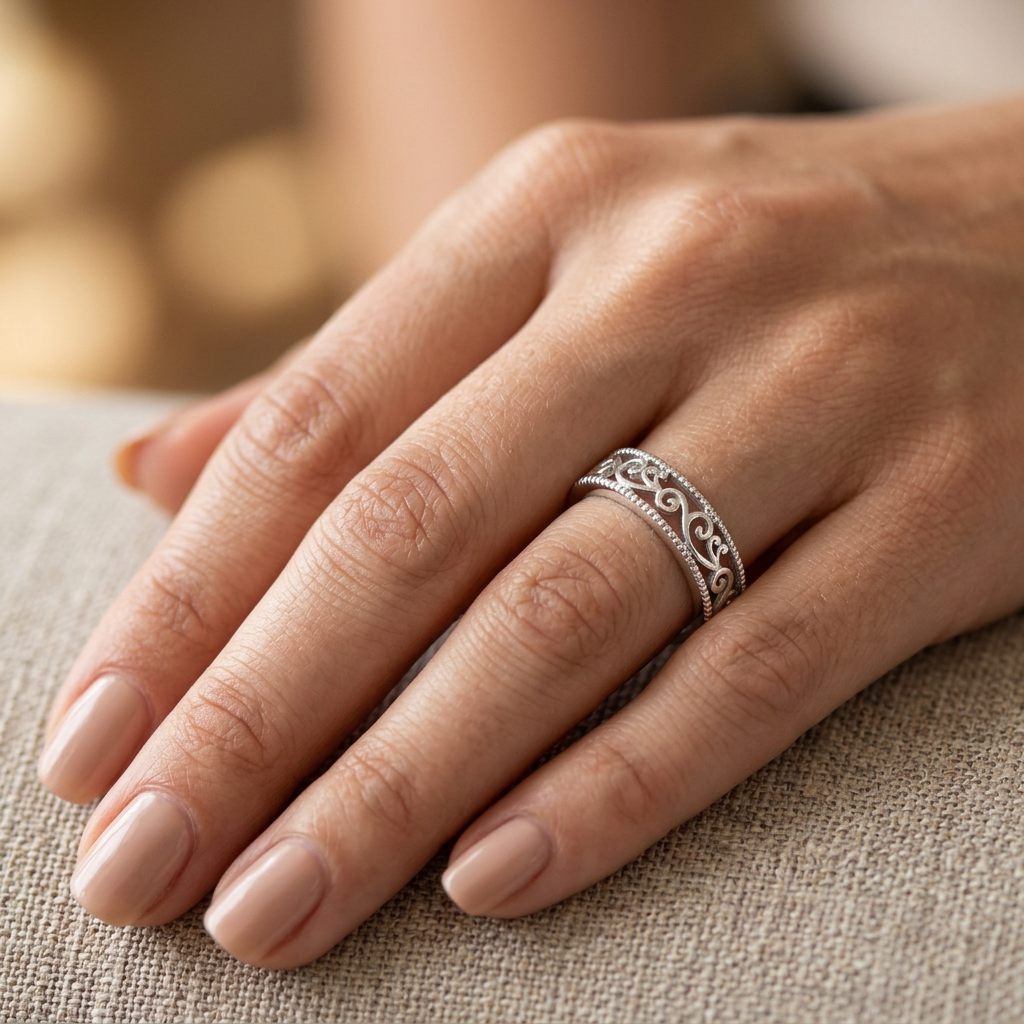 Sterling Silver 5mm Openwork Scroll Vine Milgrain Edge Band Ring for Women model