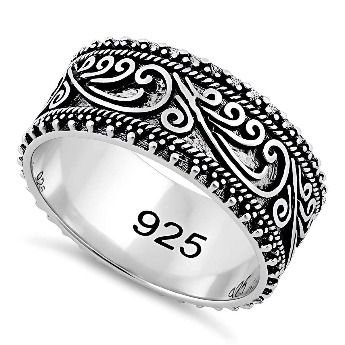 Sterling Silver 8.2mm Oxidized Bali Filigree Swirl Wide Band Ring for Women