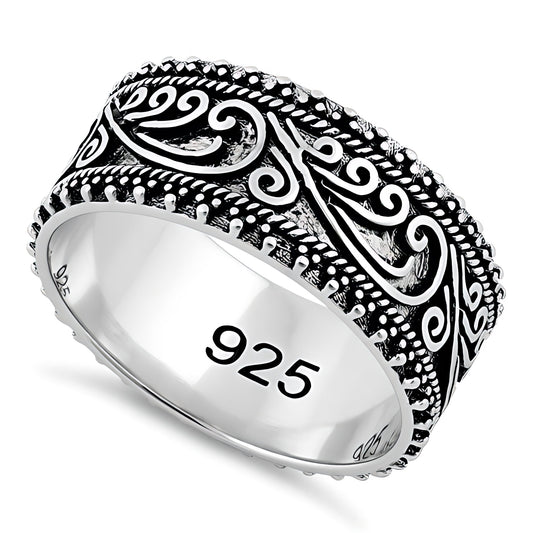 Sterling Silver 8.2mm Oxidized Bali Filigree Swirl Wide Band Ring for Women