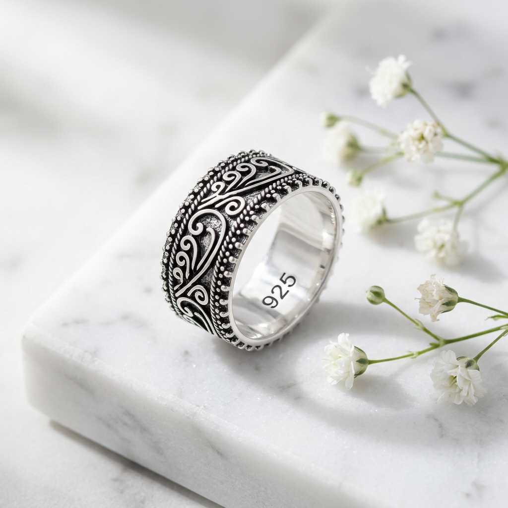 Sterling Silver 8.2mm Oxidized Bali Filigree Swirl Wide Band Ring for Women life1