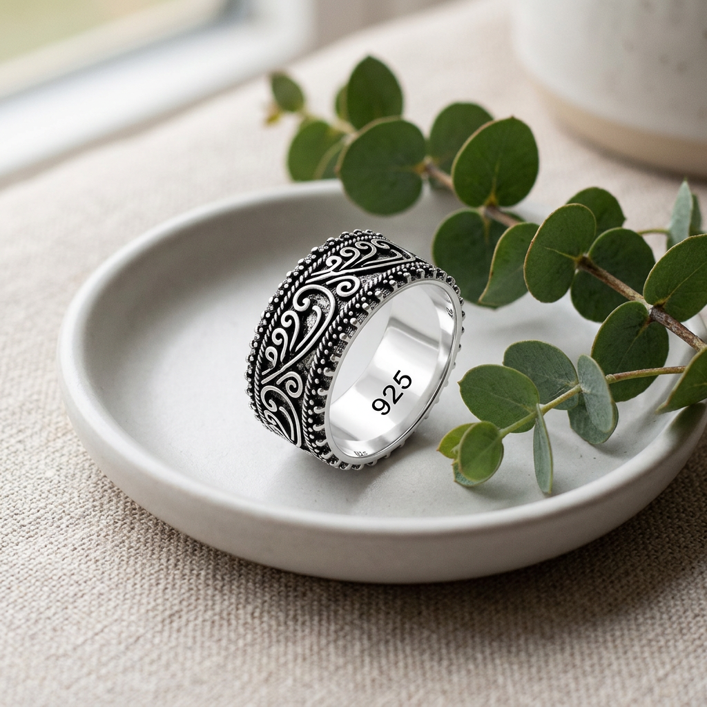 Sterling Silver 8.2mm Oxidized Bali Filigree Swirl Wide Band Ring for Women life2