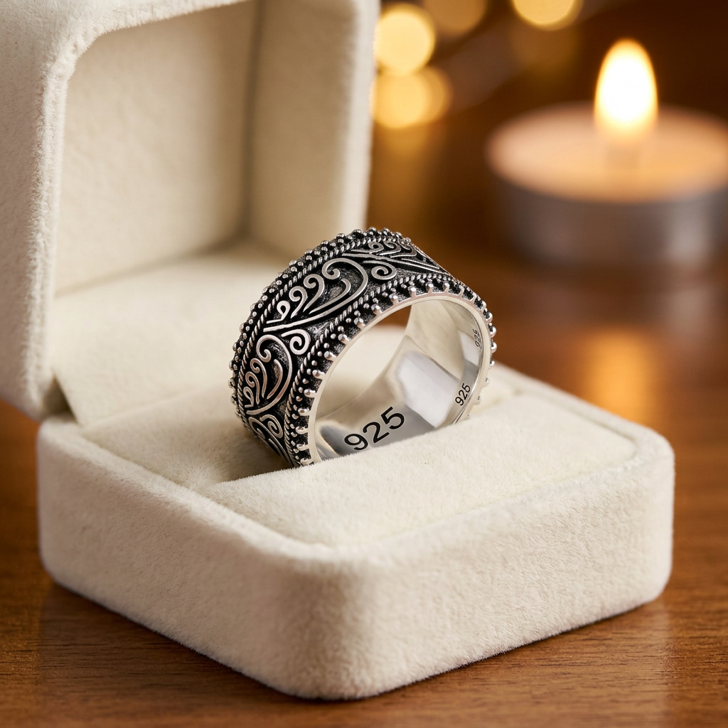 Sterling Silver 8.2mm Oxidized Bali Filigree Swirl Wide Band Ring for Women life3