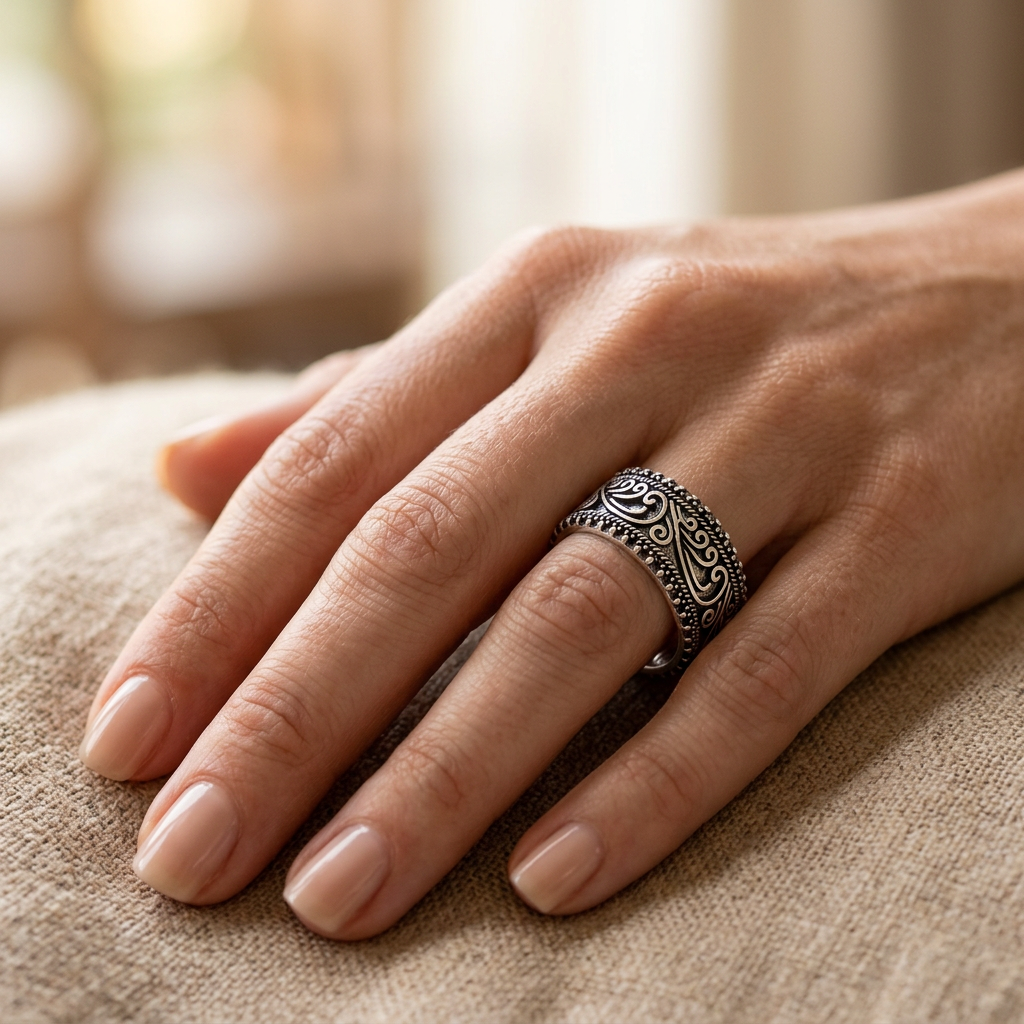 Sterling Silver 8.2mm Oxidized Bali Filigree Swirl Wide Band Ring for Women model