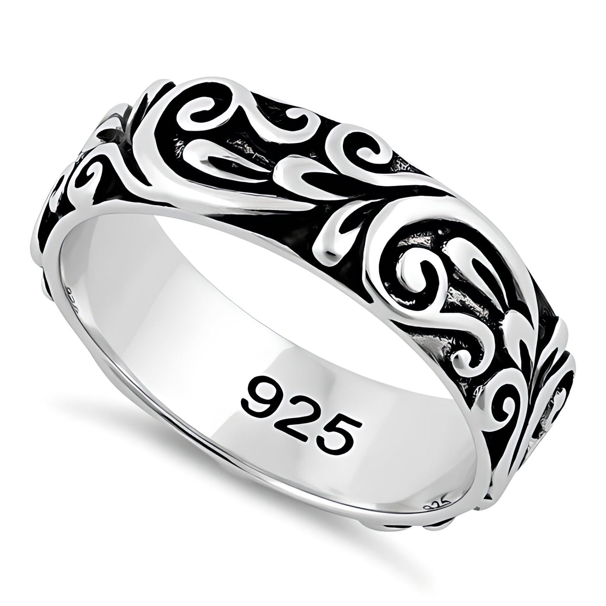Sterling Silver 5.9mm Oxidized Raised Floral Scroll Band Ring for Women